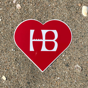 HB LOVE, Huntington Beach Heart Sticker, 4" X 4", On Sale For $2.50. Classic HB With the 4 Waves On The H In White Letters on a Gloss Fire Engine Red Heart, UV Protected, High Quality Vinyl Sticker. Great for outdoor or indoor use!