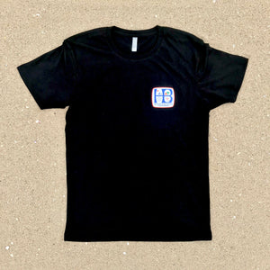 HB, Huntington Beach, California, Black T-shirt, Full Color HB, Front and Back. 100% Combed Ring-Spun Cotton 4.3 OZ, Crew Neck, Short Sleeve, Very Soft Material Side Seamed.