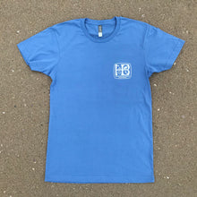 Load image into Gallery viewer, HB, Huntington Beach, California, Blue T-shirt, Full Color HB, Front and Back. 100% Combed Ring-Spun Cotton 4.3 OZ, Crew Neck, Short Sleeve, Very Soft Material Side Seamed.