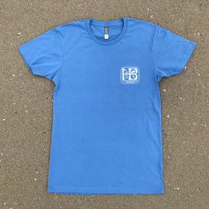 HB, Huntington Beach, California, Blue T-shirt, Full Color HB, Front and Back. 100% Combed Ring-Spun Cotton 4.3 OZ, Crew Neck, Short Sleeve, Very Soft Material Side Seamed.