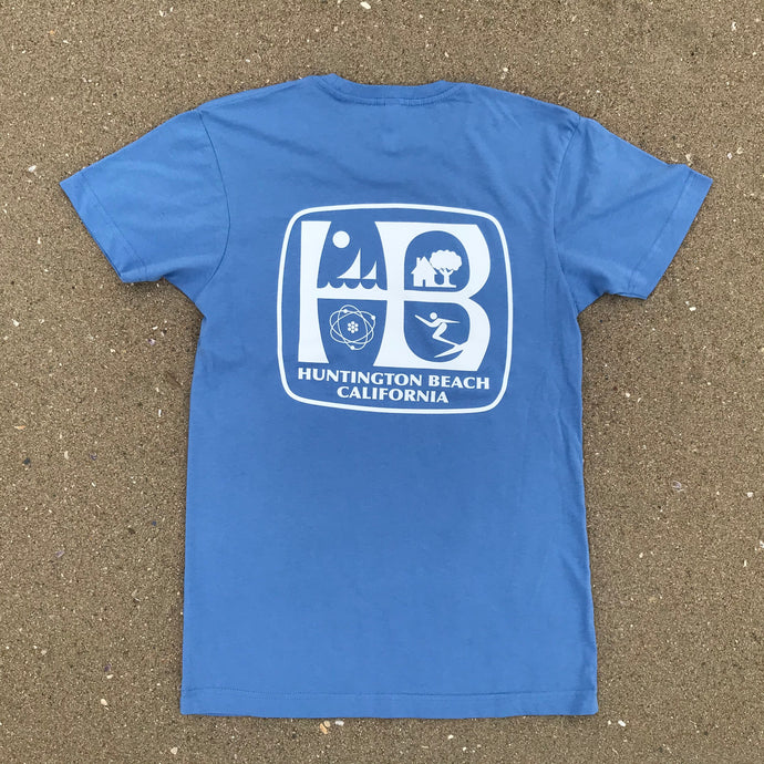 HB, Huntington Beach, California, Blue T-shirt, Full Color HB, Front and Back. 100% Combed Ring-Spun Cotton 4.3 OZ, Crew Neck, Short Sleeve, Very Soft Material Side Seamed.