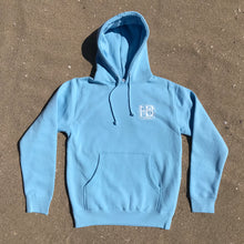 Load image into Gallery viewer, HB Huntington Beach, California Heavyweight Pullover Hoody - Blue Aqua Fleece - White HB print, Front and Back. 10 oz., Unisex heavyweight pullover, premium ring-spun cotton, 3 end fleece, 70% cotton 30% polyester blend. Split stitch double needle sewing on all seams, fleece lined hood, 1 x 1 ribbing at cuffs and waistband, generous fit. Nickel eyelets, heavy gauge round draw cords, tear away neck label. $47.00.