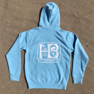 HB Huntington Beach, California Heavyweight Pullover Hoody - Blue Aqua Fleece - White HB print, Front and Back. 10 oz., Unisex heavyweight pullover, premium ring-spun cotton, 3 end fleece, 70% cotton 30% polyester blend. Split stitch double needle sewing on all seams, fleece lined hood, 1 x 1 ribbing at cuffs and waistband, generous fit. Nickel eyelets, heavy gauge round draw cords, tear away neck label. $47.00.