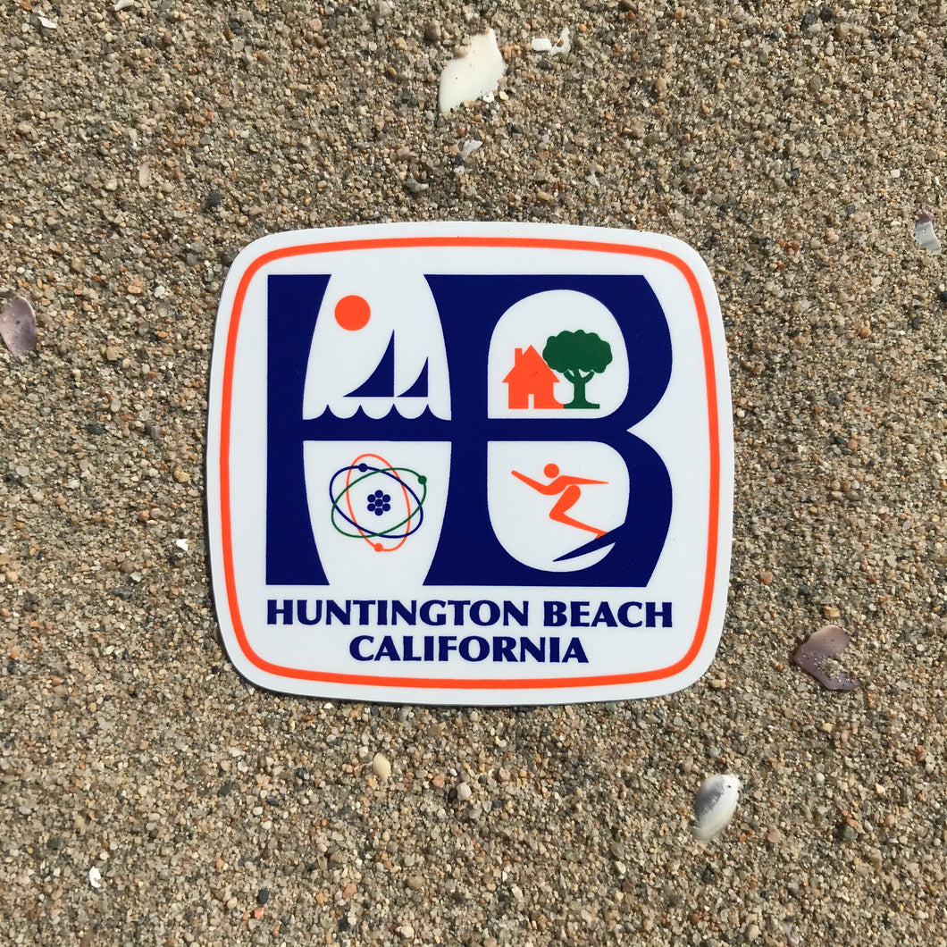 HB Huntington Beach, California, classic HB City logo, high quality, vinyl sticker. Great for outdoor or indoor use! This classic HB logo has the sail boats and sun in the upper left corner representing Huntington Harbour sailing, the house and tree in the upper right corner representing family life, the atom in the bottom left corner representing the ingenuity of our aerospace industry and a surfer in the lower right corner representing our surf culture here in Huntington Beach.