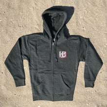 Load image into Gallery viewer, Heather Charcoal Gray Zip Hoodie - Orange &amp; White HB Print, Front and Back. 8.5 oz., 3 end fleece, 100% cotton face exterior, 55% cotton 45% polyester blend. Unisex, ultra soft, side seamed, tightly knit, 3 end cotton faced, 3 panel hood, flat draw cords, 2 needle cover stitching at cuffs and waistband, single needle edge stitch at collar, silver grommets. HB Huntington Beach, California, HB logo.