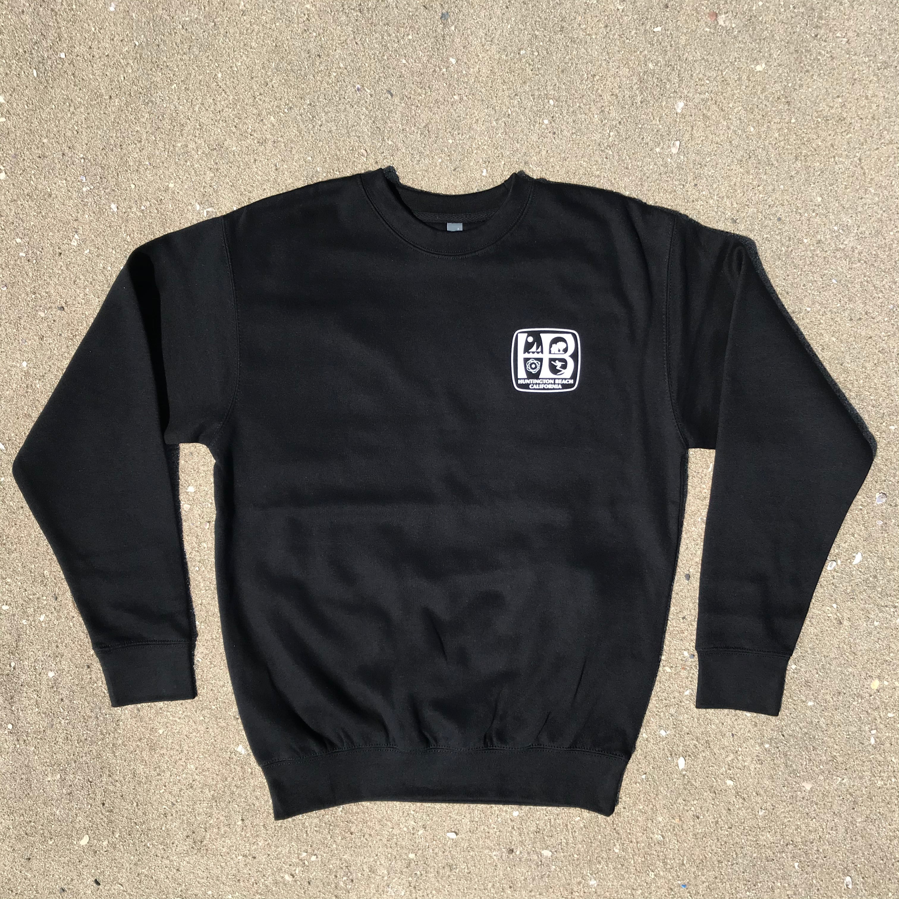 Black - Premium Crew Neck Sweat Shirt - White HB Print - Front and Back