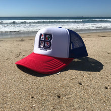 Load image into Gallery viewer, HB Foam Snapback Red/White/Blue Trucker Hat - Embroidered Full Color HB City Logo - HB Partial Puff Stitching - Huntington Beach California Pro Style, 5 Panel, Mid Profile, 100% Polyester Foam Front - 100% Nylon Mesh Back - Plastic Adjustable Snap Back - One Size Fits Most - $27.95.
