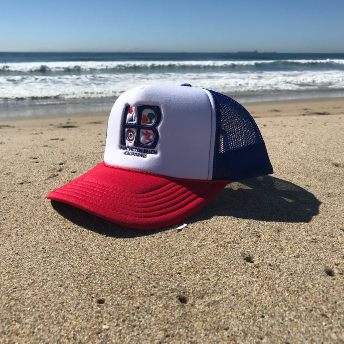 HB Foam Snapback Red/White/Blue Trucker Hat - Embroidered Full Color HB City Logo - HB Partial Puff Stitching - Huntington Beach California Pro Style, 5 Panel, Mid Profile, 100% Polyester Foam Front - 100% Nylon Mesh Back - Plastic Adjustable Snap Back - One Size Fits Most - $27.95.