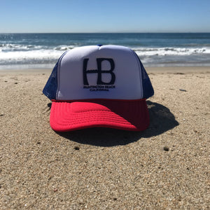 HB Foam Snapback Red/White/Blue Trucker Hat - Embroidered Full Color HB City Logo - HB Puff Blue Stitching - Huntington Beach California Pro Style, 5 Panel, Mid Profile, 100% Polyester Foam Front - 100% Nylon Mesh Back - Plastic Adjustable Snap Back - One Size Fits Most - $25.95.