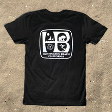 Load image into Gallery viewer, HB Huntington Beach, California - Light Weight Black Short Sleeve T-shirt - White HB Print, Front and Back. 4.3 oz, 100% combed ring-spun cotton, soft-washed. Unisex, ultra soft, crew neck, side-seamed, tightly knit, tear away label.