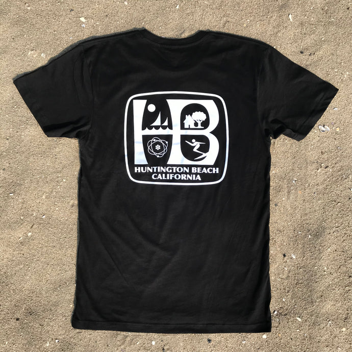 HB Huntington Beach, California - Light Weight Black Short Sleeve T-shirt - White HB Print, Front and Back. 4.3 oz, 100% combed ring-spun cotton, soft-washed. Unisex, ultra soft, crew neck, side-seamed, tightly knit, tear away label.