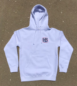 HB Huntington Beach, California Heavyweight Pullover Hoody - White Fleece - Full Color HB print, Front and Back. 10 oz., Unisex heavyweight pullover, premium ring-spun cotton, 3 end fleece, 70% cotton 30% polyester blend. Split stitch double needle sewing on all seams, fleece lined hood, 1 x 1 ribbing at cuffs and waistband, generous fit. Nickel eyelets, heavy gauge round draw cords, tear away neck label. $51.00.