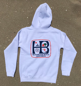 HB Huntington Beach, California Heavyweight Pullover Hoody - White Fleece - Full Color HB print, Front and Back. 10 oz., Unisex heavyweight pullover, premium ring-spun cotton, 3 end fleece, 70% cotton 30% polyester blend. Split stitch double needle sewing on all seams, fleece lined hood, 1 x 1 ribbing at cuffs and waistband, generous fit. Nickel eyelets, heavy gauge round draw cords, tear away neck label. $51.00.